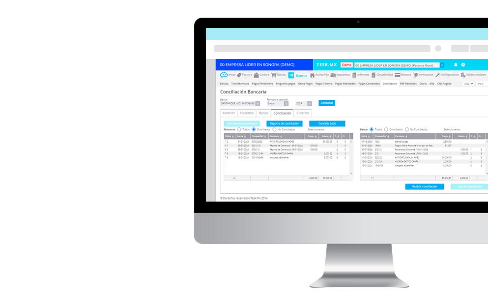 Computadora utilizando el módulo de bancos del sistema contable de Tesk.mx