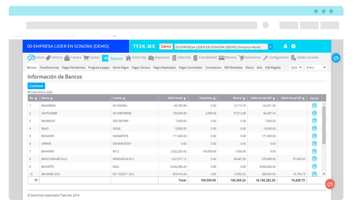 Pantalla mostrando sección de información de bancos del sistema contable Tesk