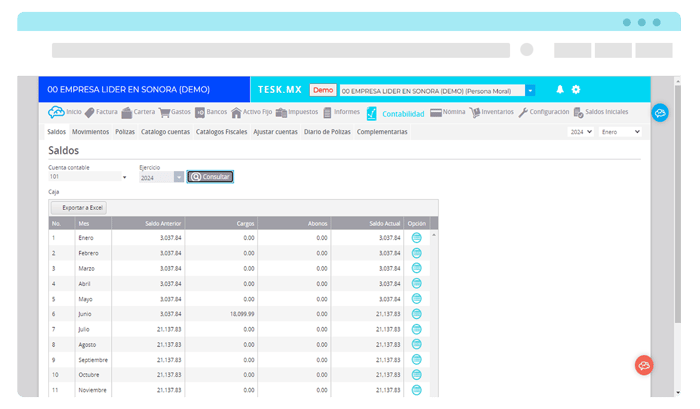 Pantalla mostrando como consultar saldos con el ERP Contable de Tesk.mx