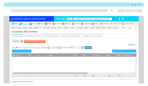 Pantalla mostrando como administrar XML emitidos a través del sistema administrativo empresarial Tesk.mx