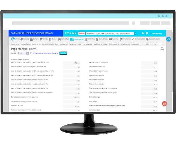 Computadora mostrando la sección de impuestos del software contable de Tesk