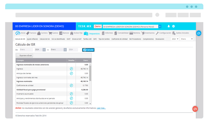 Pantalla mostrando la sección de cálculo de ISR que tiene el sistema contable de Tesk