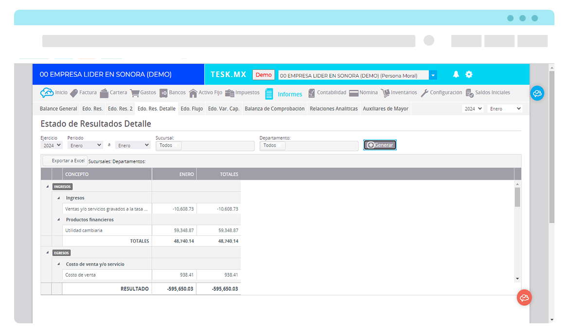 Computadora mostrando el estado de resultados obtenido del ERP contable de Tesk